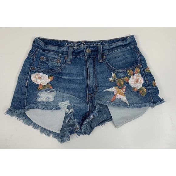 American Eagle Vintage Hi-Rise Festival Embroidery Cut Off Jean Shorts Size 00 - Picture 1 of 8